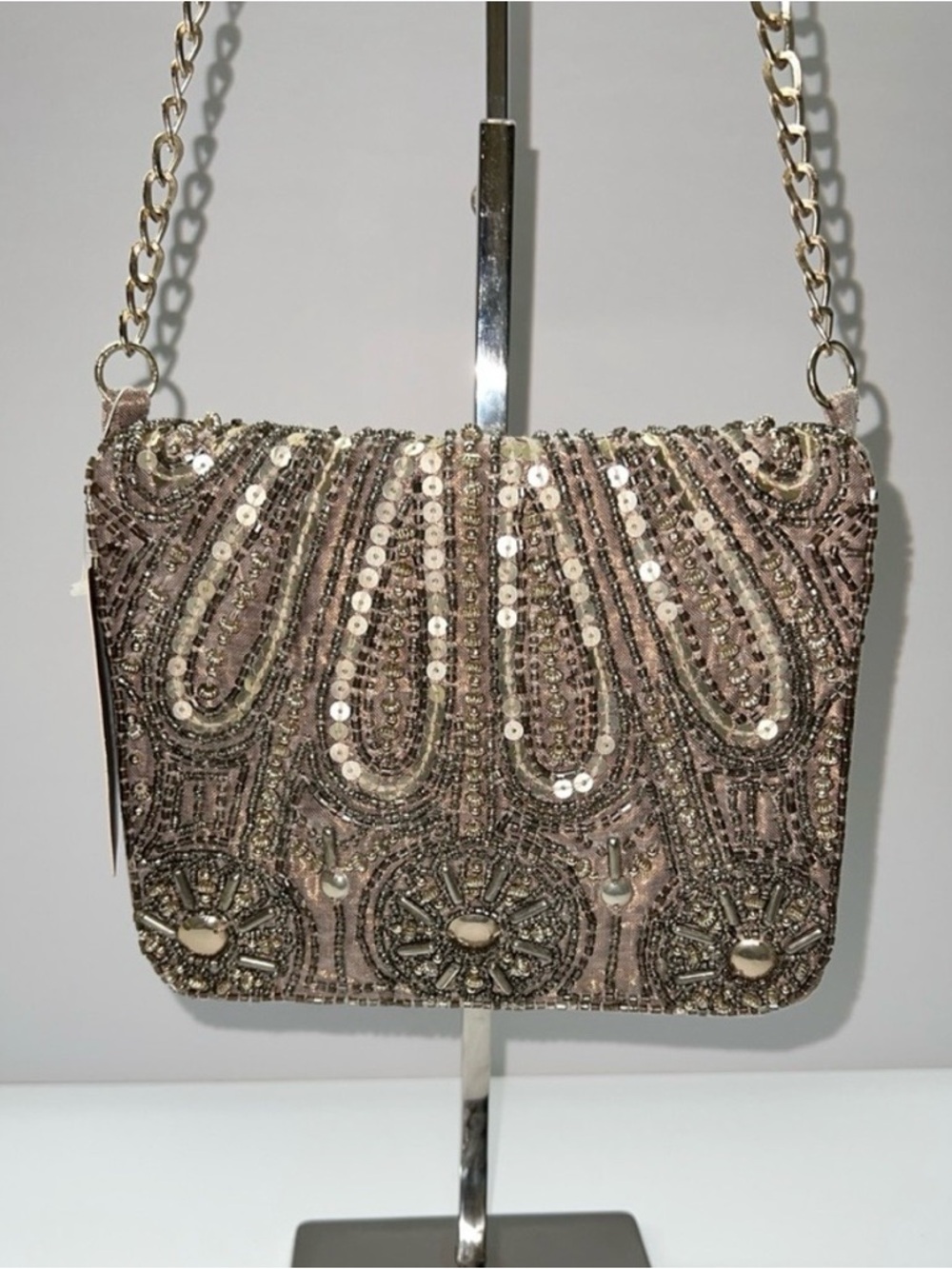 Ecote Tan Shimmer Beaded Evening Clutch with Chain Strap